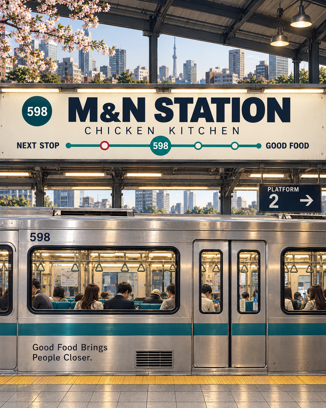 M&N Station 598 站號招牌與墨綠色列車停靠在月台